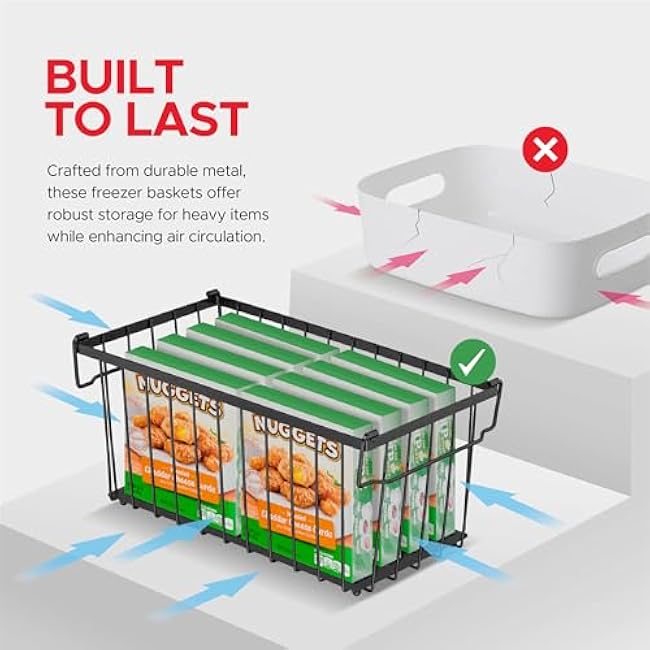 Tafura Freezer Organizer Bins (14 Lx7 Wx6.1 H) - 4 Pack Stackable Freezer Baskets Sort Frozen Meats & Food - Deep Freezer Organizer Bins with Handles for Upright & Chest Freezer (Black)