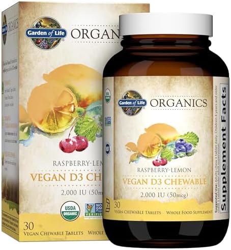 Garden of Life Organics Vegan Vitamin D3 Chewable – Raspberry Lemon, 2,000 IU (50mcg) Whole Food Vitamin D3 from Lichen Plus Food & Mushroom Blend, Gluten Free, 30 Chewable Tablets
