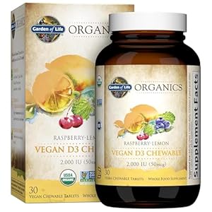 Garden of Life Organics Vegan Vitamin D3 Chewable – Raspberry Lemon, 2,000 IU (50mcg) Whole Food Vitamin D3 from Lichen Plus Food & Mushroom Blend, Gluten Free, 30 Chewable Tablets
