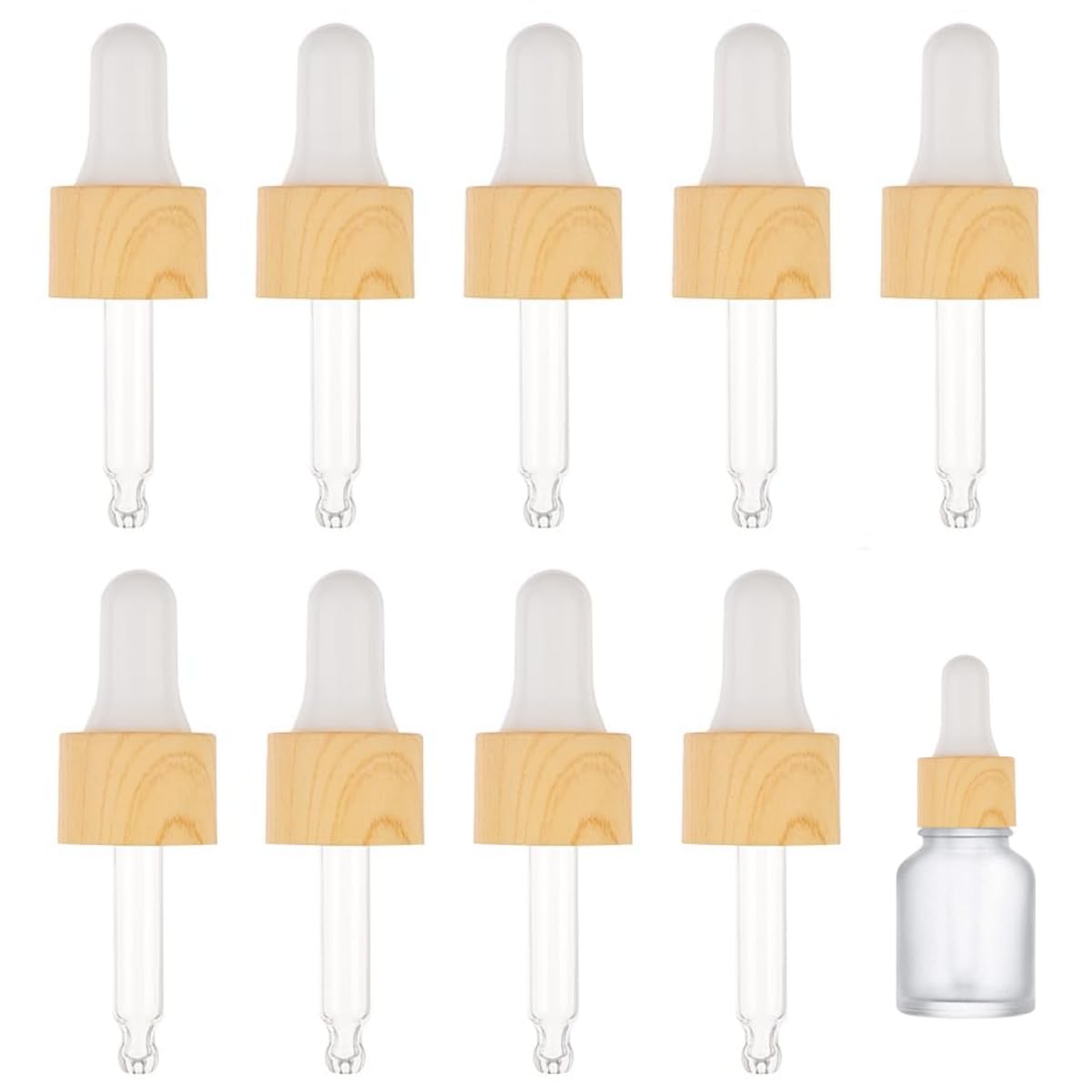 BENECREAT 10 Set Glass Eye Droppers for Essential Oils 5ml Pressure Rotating Cover Oil Droppers Glass Dropper Pipette with Imitation Wood Grain for