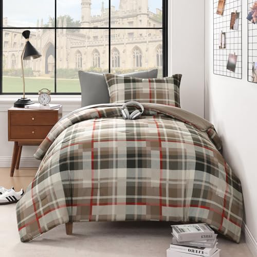 Image of MaiReve Twin XL Comforter Set, Plaid Design Comforter Set 5 Pieces,Twin XL Comforter for Dorm Farmhouse All Season Lightweight &Comfy with Fitted Sheet, Flat Sheet (Khaki, 66 inchx90 inch)