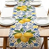Croar Italian Capri Blue Lemon Dining Table Runner, Amalfi Coast Citrus Italy Tile Pattern Burlap Kitchen Decoration, Summer Mediterranean Indoor Outdoor Home Decor Party Supply 13 x 72 Inches