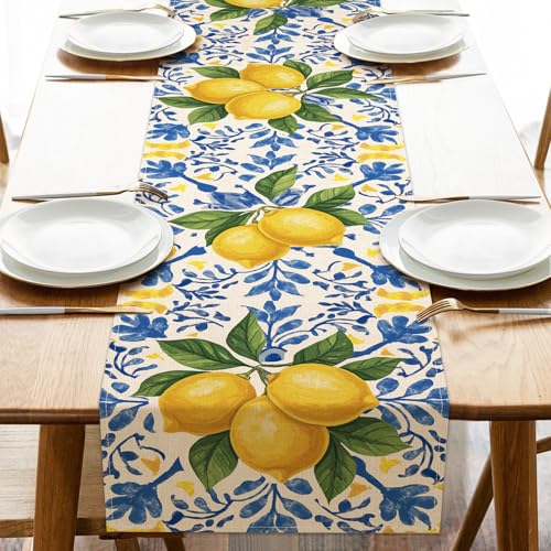 Croar Italian Capri Blue Lemon Dining Table Runner, Amalfi Coast Citrus