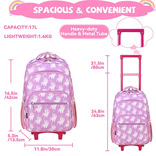 VASCHY Rolling Backpack Kids, 17in Water Resistant Large Schoolbag Carry-on Travel Trip Bag with Wheels for Girls Unicorn2