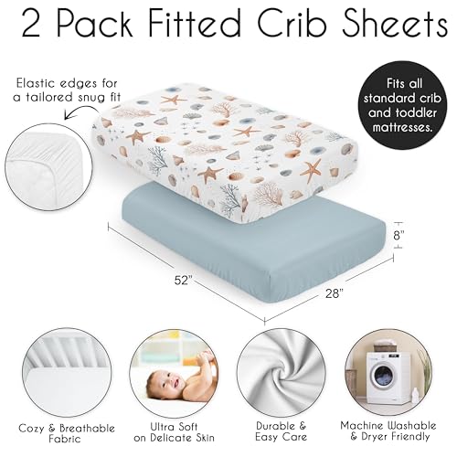 Image of Sweet Jojo Designs 2-Piece Baby Crib Sheets Set (Ocean Seashells) for Boys or Girls, Infant Nursery, Toddler Room - Standard Size (Gender Neutral, Nautical, Beach Theme, Starfish, Watercolor, Coastal)