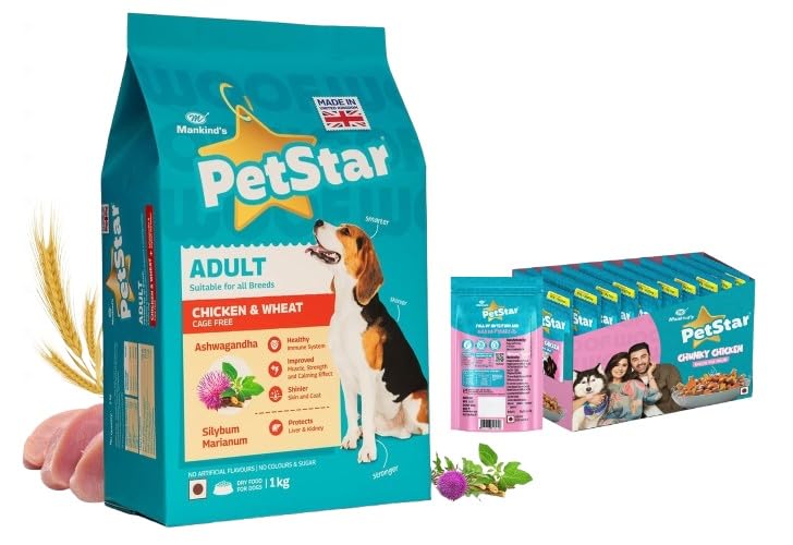 Image of Mankind Petstar Adult Dog Food (High Protein) Combo - Chicken & Wheat 1 kg + Adult Gravy 120g (Pack of 15)