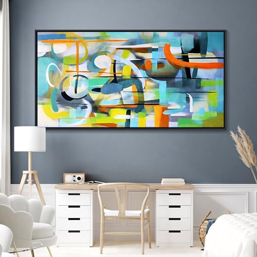 Image of Mofutinpo Abstract Wall Art Framed Pictures for Living Room Wall art - Large Modern Abstract Canvas Wall Decoration-Colorful Wall Art-Teal And Blue Line Art - Graffiti Paintings for Bedroom 29x58IN