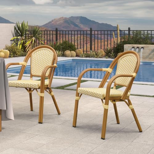 Image of PURPLE LEAF French Wicker Bistro Armchairs Set of 2, Bamboo Finish, Yellow