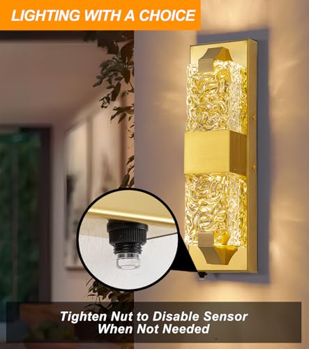 Image of 15.3 inch Dusk to Dawn Outdoor Wall Light 12W LED Gold 1-Pack | IP65 Waterproof, Ripple Crystal, Hardwired Modern Exterior Sconce, Auto On /Off, for Porch Patio Hallway Entryway House