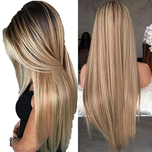 Brown To Blonde Wig 24 inch Long Straight Wigs for Women Synthetic High Temperature Fiber Heat Resistant Wigs