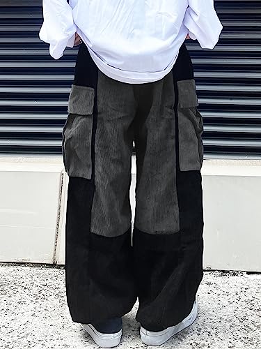OYOANGLE Men's Streetwear Colorblock Drawstring Waist Wide Leg Baggy Corduroy Cargo Pants2