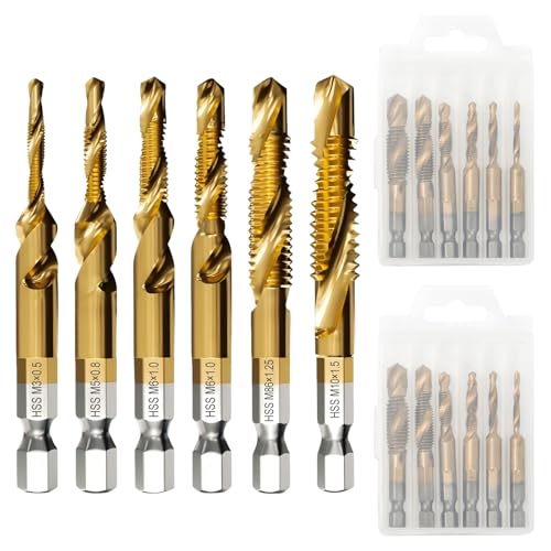 Pilikoll 12 Stück Kombigewindebohrer mit Sechskantschaft HSS M3-M10 1/4' SechskantschaftBohrer Kombi-Bohrer und Gewindeschneider-Set Maschinengewindebohrer Drill Bits für Metall, Holz, Kunststoff