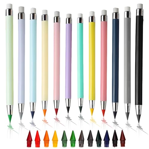 Tarqite 12 Stück Swify Zauberbuntstift, Ewiger Bleistift Set mit 12 Radiergummi & Ersatzspitze, Bunte Tintenloser Bleistift Wiederverwendbarer für Schüler, Erwachsene, Schule, Büro