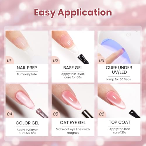 Image of Beetles Rosy Shimmer Pink Cat Eye Gel Nail Polish - 15ML Full Size Glass Pink Glitter Cat Eye Spring Gel Polish Magnetic Shimmer Effect Soak Off UV Nail Art Design Salon DIY Manicure Gift for Women