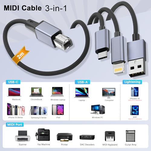 Câble d'imprimante USB C Lightning USB A vers USB B MIDI pour MacBook