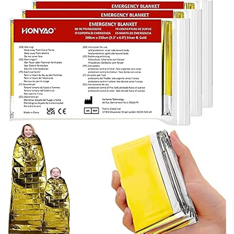 HONYAO® Emergency Blankets 3pcs, Foil Blankets Gold Silver, Thermal Blanket 210×160 cm, Survival Blankets Perfect for Outdoors, Survival, Hiking, Marathons or First Aid, Tear Resistant Cover