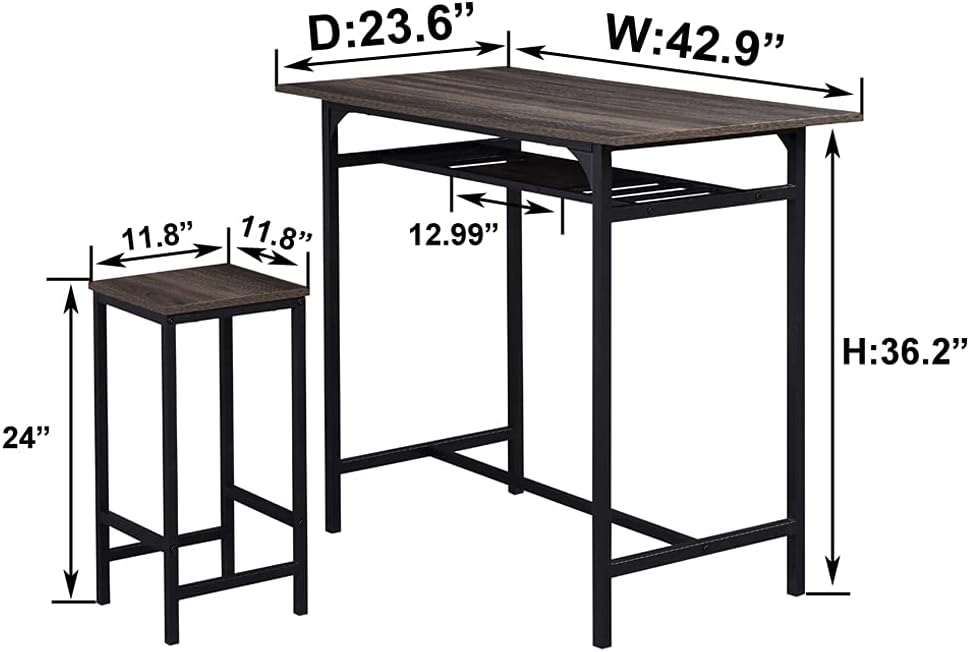 IBF 3 Pieces Rustic Kitchen Breakfast Bar Table Set,2 Person Table and Chair Set Pub Table and Chairs Set,Counter Height Dining Table Set with 2 Bar Stools,Gray Oak,42 inch : Home & Kitchen