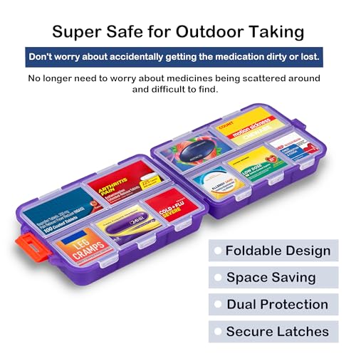Image of Extra Large Pill Organizer with 161 Medicine Labels, Travel Pill Case | Purple Extra large case with 10 compartments for 7-day pill planning, vitamins, supplements, and travel