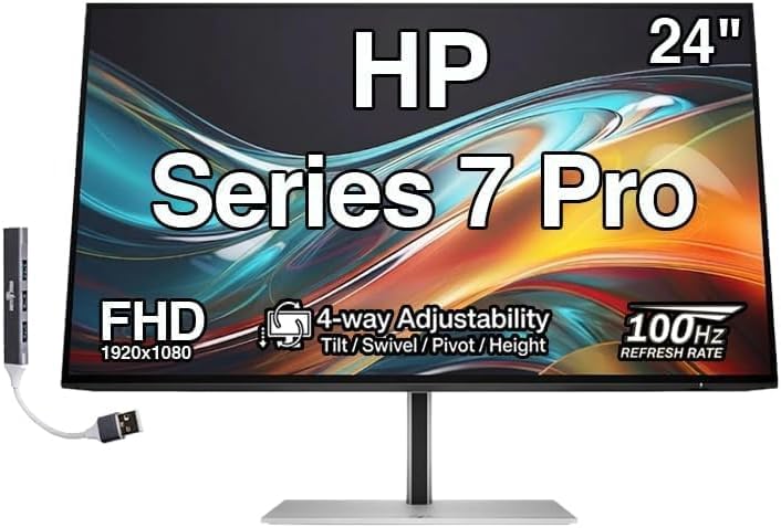 Image of HP Series 7 Pro 24 inch FHD IPS Monitor with 4-Way Adjustability, Anti-Glare, Flicker Free, VESA Mount (100mm), Displayport, HDMI & Dockztorm USB Port Expander, Black /Silver