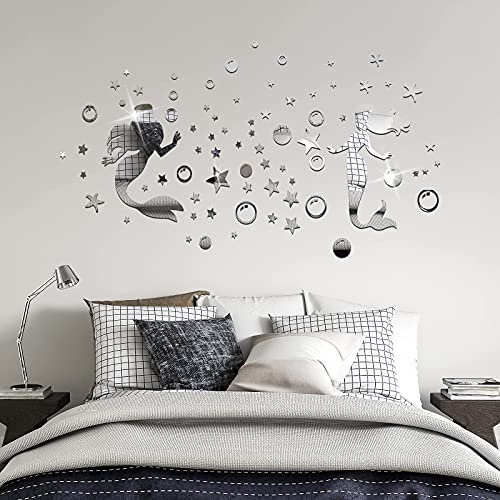 2Pcs Mermaid 3D Acrylic Mirror Wall Decal, Dreamlike Sliver Bubble And Little Star Wall Sticker, Dilibra Modern Diy Art Mermaid Wall Decor For Girls Room Bathroom Bedroom Livingroom #TOP4