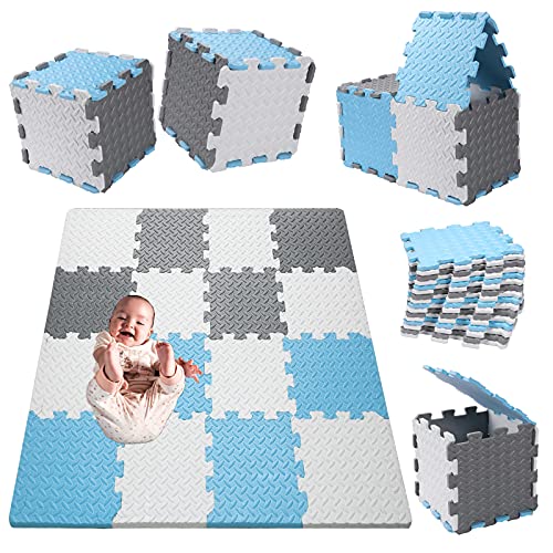 Tamiplay 16Pcs Foam Baby Play Mat, 0.47 Inch Thickened Interlocking Foam Puzzle Tile Exercise Mats Floor Mats Foam Play Mats Jigsaw Mat Baby Child Rug Crawl Mat with Storage Bag(White/Gray/Baby Blue)