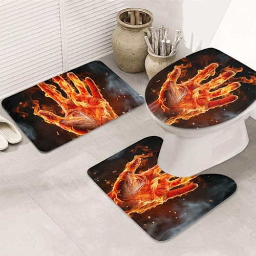 Dwrepo Fire Flame Hand Print Bathroom Rug Set 3 Piece with Non-Slip U-Shaped Contour Mat and Toilet Lid Cover for Bathroom Decoration
