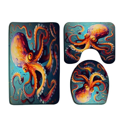 Octopus 3 Pcs Bath Rugs Set,Cool Red Kraken Tentacles Vintage Ocean Animal Funny Marine Life Nautical Unique Bathroom Kitchen Rug with 17.8