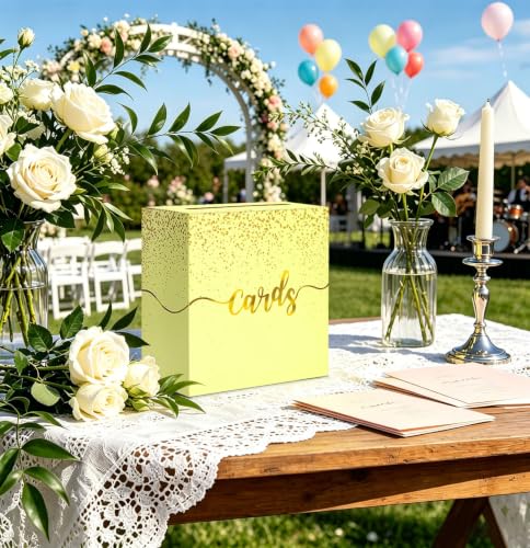 Image of Yellow Wedding Card Box with Gold Foil Yellow Gift Card Holder Box for Party Wedding Reception Graduation Birthday Baby Shower Retirement Cardboard Envelope Raffle Box with Slot