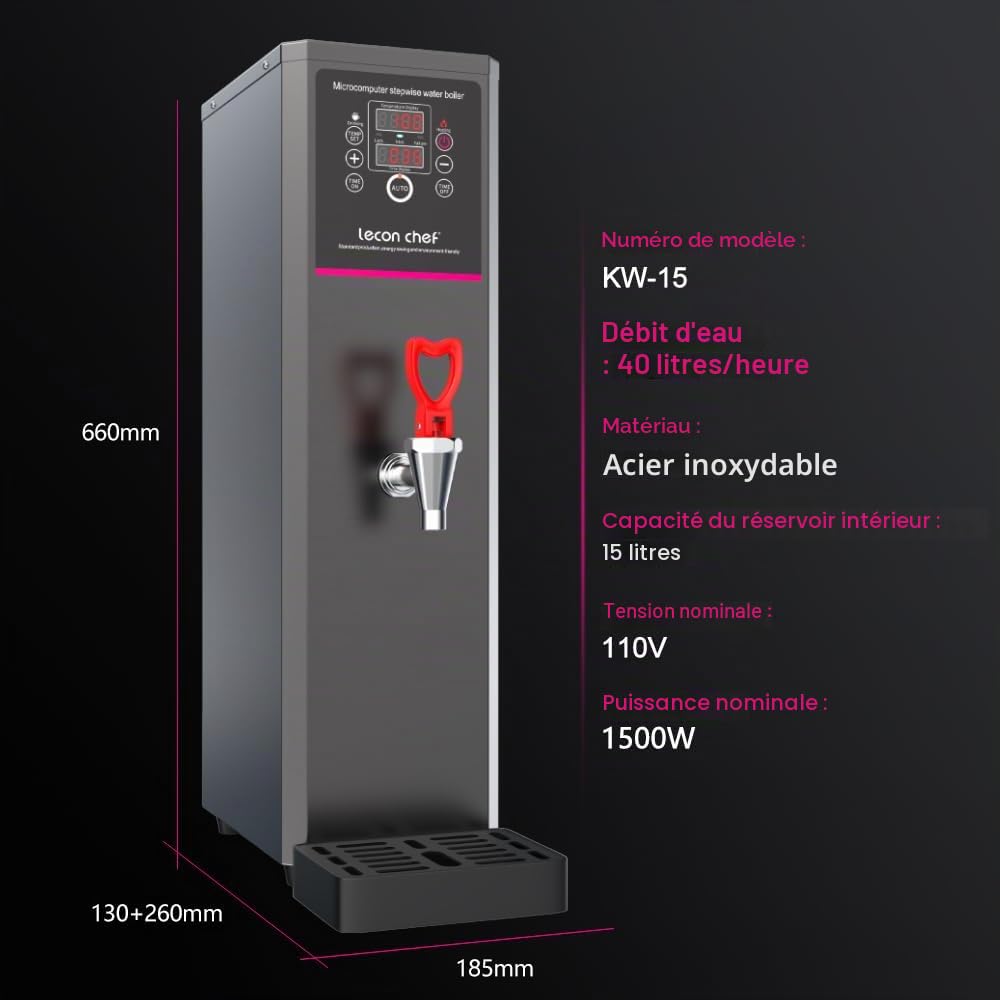 Machine à eau chaude électrique 15 l, acier inoxydable, 3000 W, chauffage rapide, minuterie, affichage de la température