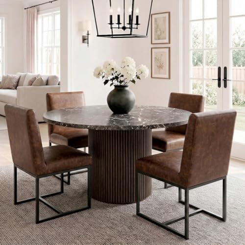 Image of HNY Modern Dining Chairs Set of 4, Upholstered Leather Dining Room Chairs with Ergonomic Back & Metal Frame for Home, Kitchen, Apartment, Brown