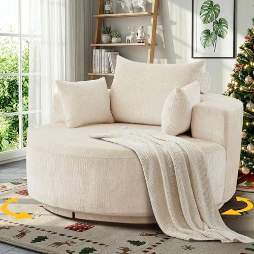 55' Oversized 360 Degree Swivel Chair, Modern Round Chair Chaise Lounge Upholstered Chenille Swivel Accent Chair with Deep Seat, Comfy Single Sleeper Sofa for Living Room Bedroom Apartment (Beige)