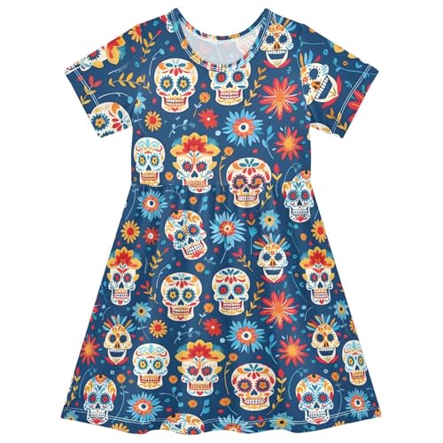 ALAZA Mexican Day of The Dead Sugar Skull Blossom Girls Dress Short Sleeve Toddler Casual Dresses Summer Sundress 2-8T