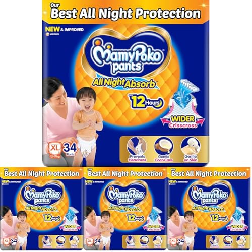 Image of Mamypoko pants All night absorb Pant Style Baby Diapers (XL)34 CountIdeal for 12-17Kgs|All night Absorption|Wider Crisscross Sheet|Gentle Coco Care12hr Leakage Protection Prevents Heaviness.