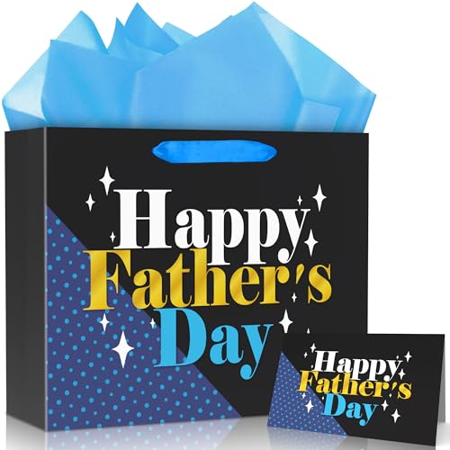 MDCGFOD 13 Fathers Day Gift Bag with Greeting Cards and Tissue Paper Black Blue Gift Bags for Fathers Men Grandfathers Dad Happy Fathers Day Medium Bag