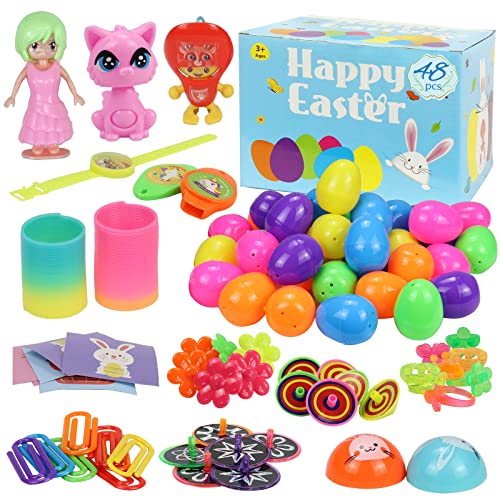 ALLCOLOR 48pcs Prefilled Plastic Easter Eggs with Toys for Easter Egg Hunt Supplies Suprise Eggs with Toys Inside Easter Eggs Plastic Filled for Easter Party Supplies,East Basket Stuffers for Kids
