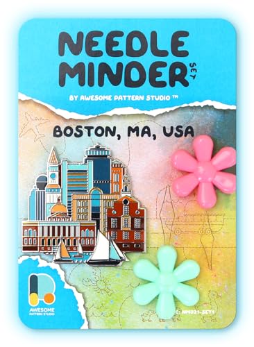 Image of Awesome Pattern Studio Needle Minder Set - Boston Magnetic Needle Minder + 2 Needle Threaders. Enamel Pin for Cross Stitch, Embroidery and Craft
