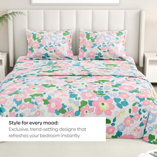Image of Rivermoor 200 TC Ultrasoft Cotton Bedsheet for Double Bed | Queen Size Bed Sheet with 2 Pillow Covers | Pink Floral Print | 88 x 96 Inches | Breathable & Hypoallergenic