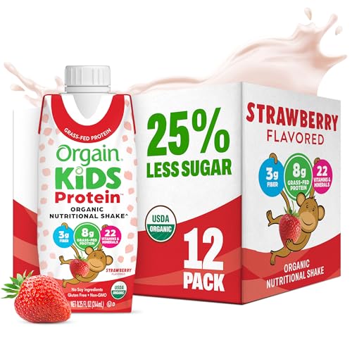 Orgain Organic Kids Nutritional Protein Shake, Strawberry, Healthy Kids Snacks, 8g Dairy Protein, 3g of Fiber, 22 Vitamins & Minerals, No Soy ingredients, Gluten Free, Non-GMO, 8.25 Fl Oz (Pack of 12)