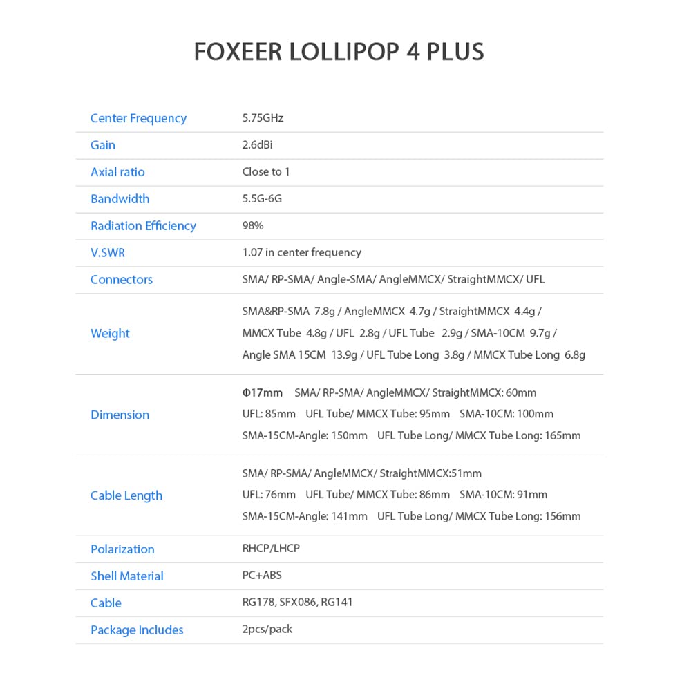 2 antenne FPV Foxeer Lollipop 4 Plus 2,6 dBi 5,75 GHz RHCP TX RX per drone FPV Racing (RP-SMA)