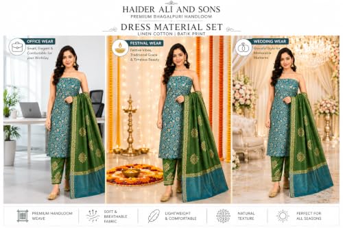 Image of HAIDER ALI AND SONS Women's Cotton Silk Batik Print Unstitched Dress Material with Dupatta | Handloom Salwar Suit Material | Kurta Fabric, Bottom & Dupatta Set | Ethnic Wear for Office