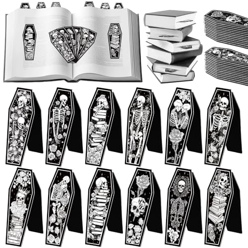 Clabby 48 Pcs Mini Gothic Skeleton Coffin Magnet Bookmarks Bulk with Magnet Halloween Gothic Book Marker Dark Romance Holiday Gift for Book Lovers Bookworm Bookish 12 Style