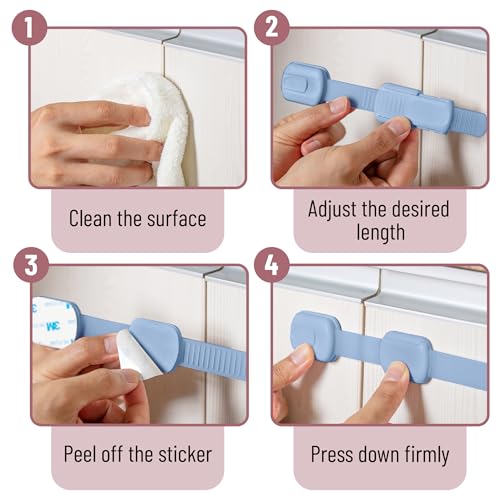 Image of Bate- Child Safety Strap Locks, 6 Pack, Dusty Blue, Baby Locks for Cabinets, Drawers, Kitchen, Toilet, Furniture, Fridge, Multi-Purpose, Easy Install with Quick 3M Adhesive for Childproofing