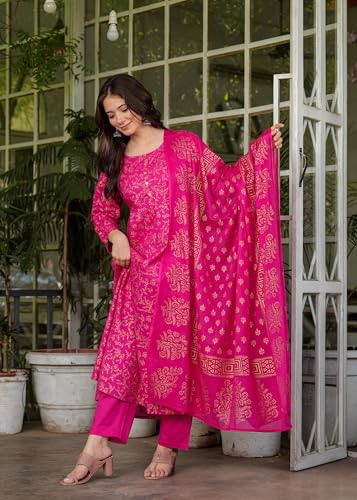 Image of PARTHVI Women's Printed Cotton Anarkali Kurta & Pant With Dupatta Set