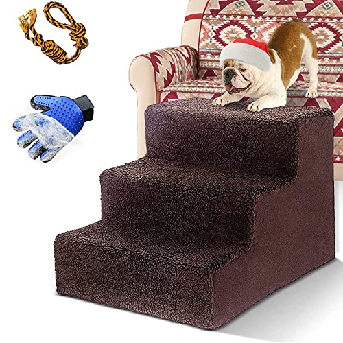 Haustiertreppen für Hunde und Katzen ,3 Stufen Leichte Haustierleitern für 50 Pfund, tragbare, abnehmbare, waschbare Teppichlauffläche mit Haustierhandschuhe mit 1 Handschuh +1 Spielzeugknoten Cover