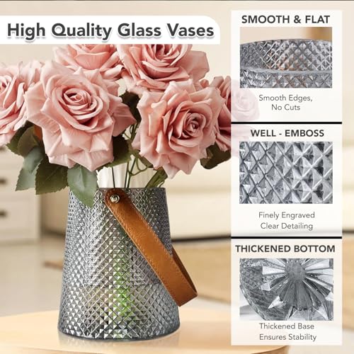 Image of Nostrae by Ekhasa Glass Vase Flower Pot with Leather Handle for Home Decoration | Center Table Decorative Items | Thickened Transparent Glass Vases for Flowers, Bookshelf, Office Desk & Premium Gift