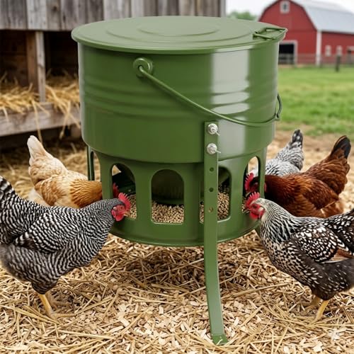 Metal Chicken Feeder No Waste - 20LB Large Chicken Feeder with 12 Ports & 4 Adjustable Heights Tripod Stand Automatic Hanging Poultry Feeder Rainproof for Backyard Chickens & Small Flocks