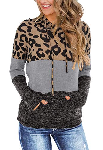 Fashare Womens Hooded Sweatshirts Leopard Color Block Hoodie Long Sleeve Pullover with Pockets Grey