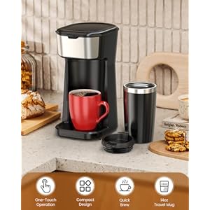 Personal Single Serve Coffee Maker Quick Brew with Grounds and Tea Bags Not Compatible with K Cups Includes 14oz Travel Mug One Touch Operation