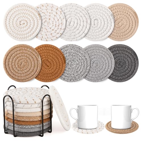 OIAHOMY 10 Pcs Drink Coasters with Holder, Boho Cotton Woven Coaster Set, Absorbent Coaster Protection for Various Cups, Ideal for Coffee Tables Home Decor and Gift, 4.3 Inches,Mixed Yellow