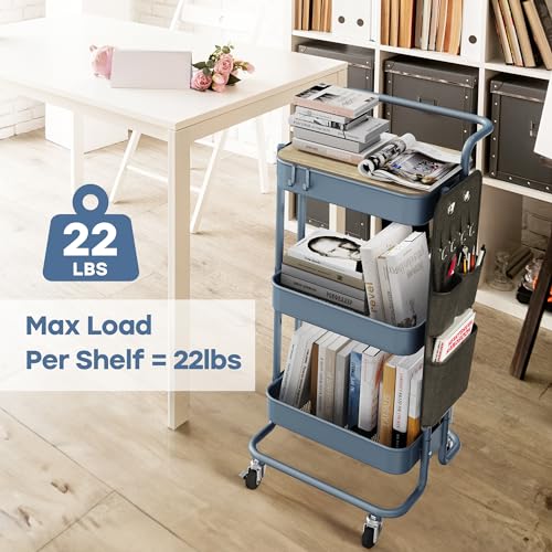 Image of DTK 3-Tier Rolling Cart with Table Top, Metal Utility Cart with Side Bags | Tray Storage Organizer, Lockable Wheels, 4 Hooks, Art Cart for Kitchen, Bathroom, Office, Craft room, Living room, Blue